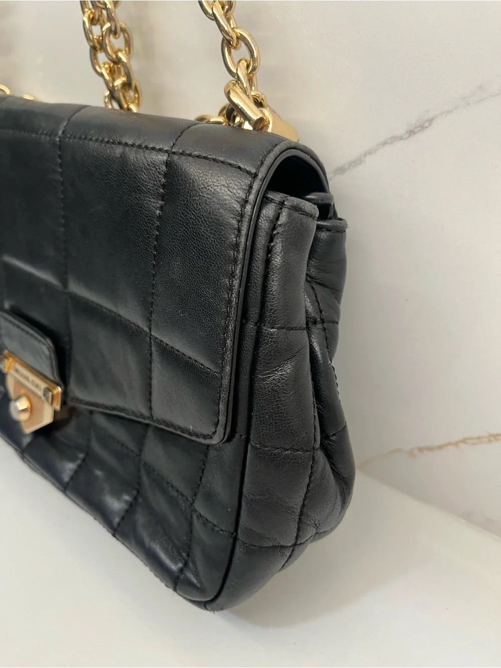 Michael Kors Soho Large Black Quilted Leather Shoulder Bag Gold Chain